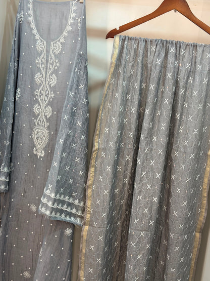 Pure Mulmul Chanderi Chikankari Straight Suit Set with Heavy Resham Jaal Work | Semi-Stitched | Rihyaaz