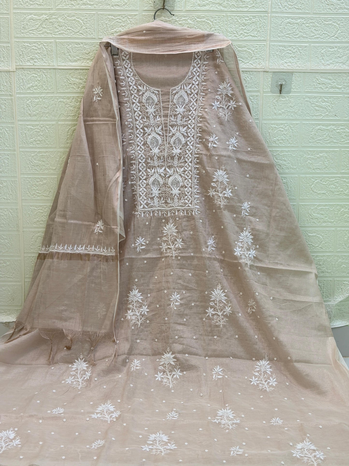 Fabric Rose Gold Tissue Chanderi Suit Set | Chikan Fine Work | Pearl & Cutdana Detailing | Dyeable Fabric