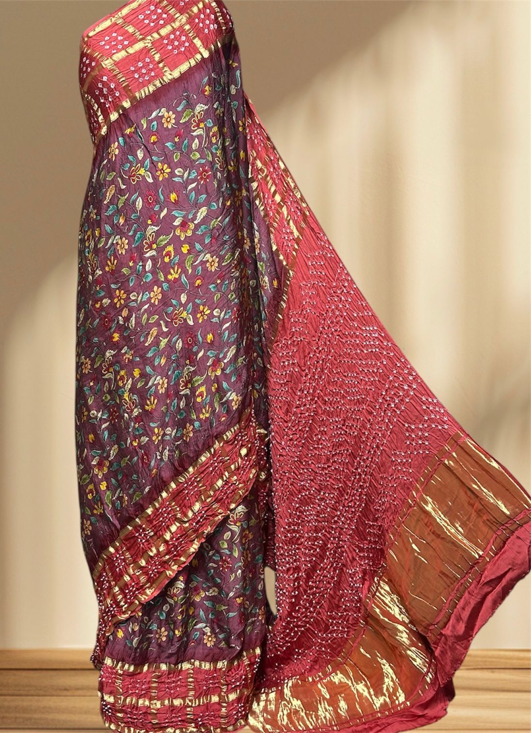 Kalamkari Bandhej Modal Silk Saree with Heavy Tissue Pallu | Digital Print Natural Dye |