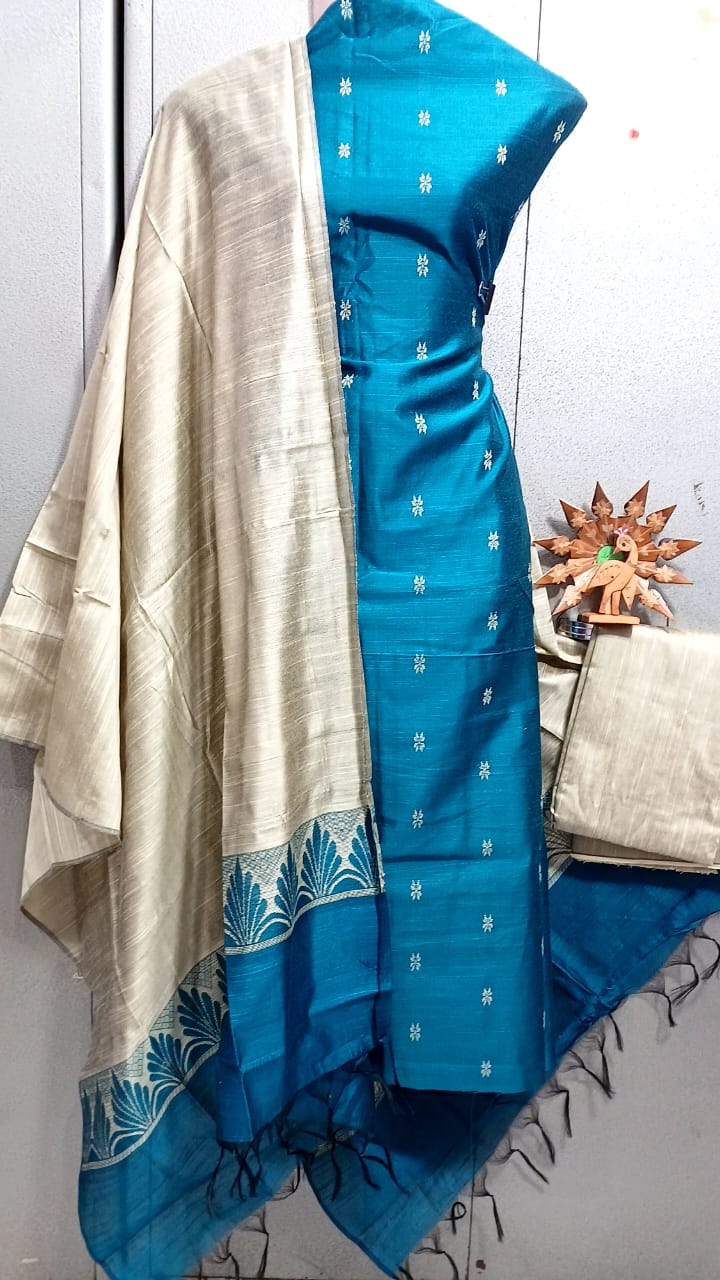Semi Raw Silk Buta Design Unstitched Dress Material Set