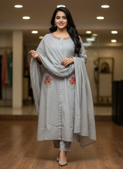 Kaavya – Elegant Flair Straight Kurta Set | Cotton Pant & Malmal Dupatta | Premium Embroidered Suit Set
