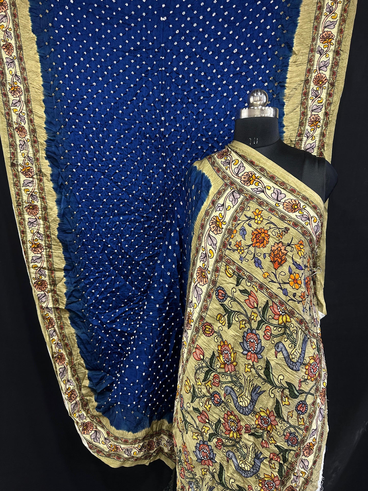 Pure Modal Silk Bandhani Saree – Kalamkari x Bandhani Fusion | Natural Block Prints