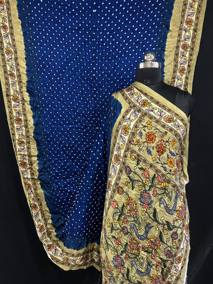 Pure Modal Silk Bandhani Saree – Kalamkari x Bandhani Fusion | Natural Block Prints