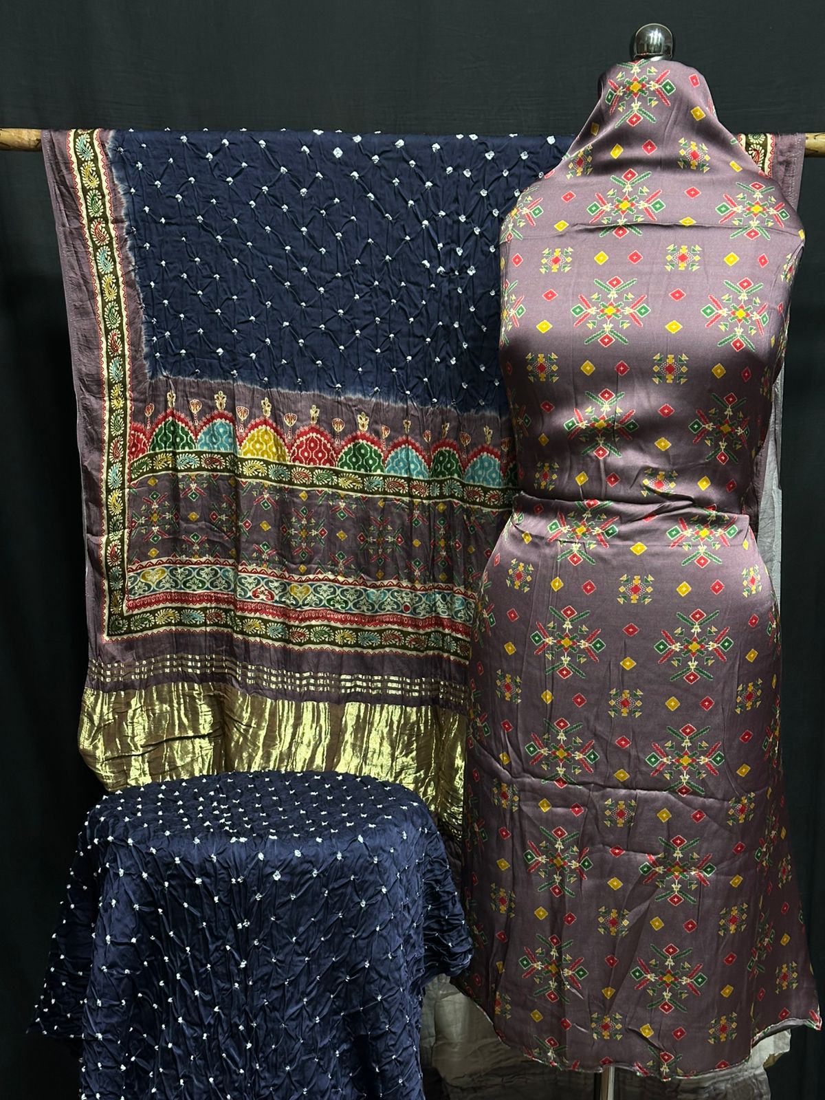 Kalamkari Bandhej 3-Piece Suit – Premium Modal Silk Elegance