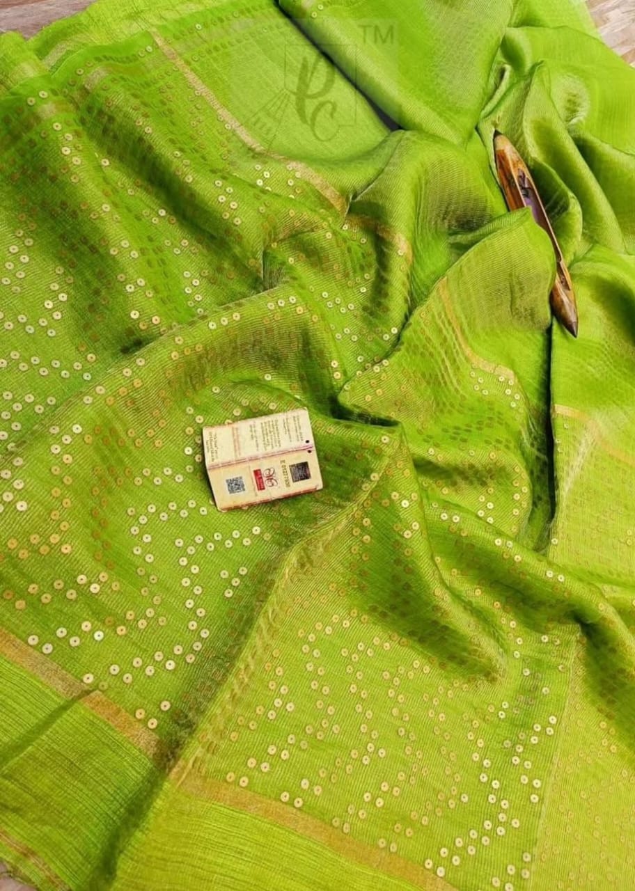 Shama Pure Resham festive saree with dual silver and golden zari stripes, sequin work on palla and border, paired with Pure Matka blouse piece by Rihyaaz.